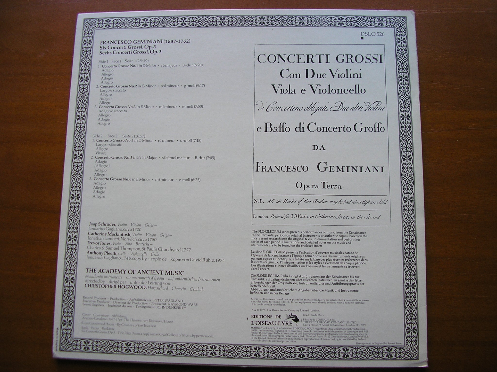 GEMINIANI: SIX CONCERTI GROSSI Op. 3       HOGWOOD / THE ACADEMY OF ANCIENT MUSIC     DSLO 526