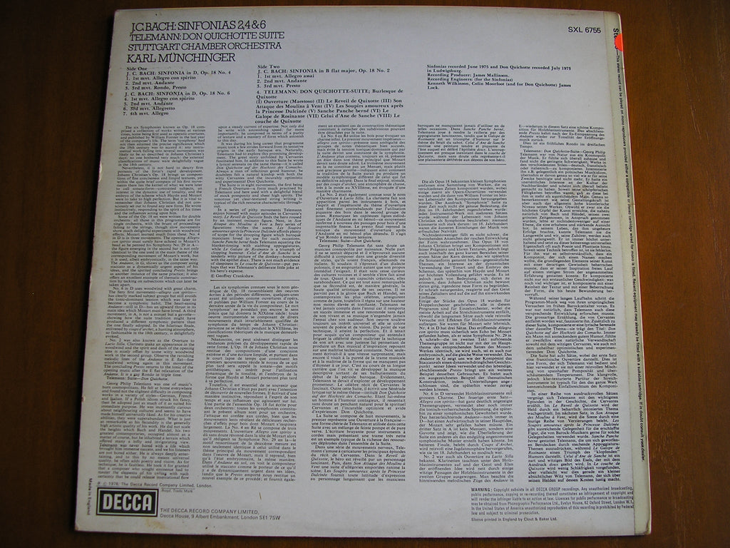 SXL 6755 BACH JC: SINFONIAS Op. 18 Nos. 2 / 4 / 6 / TELEMANN: DON QUICHOTTE Suite MUNCHINGER / STUTTGART CHAMBER ORCHESTRA test pressing