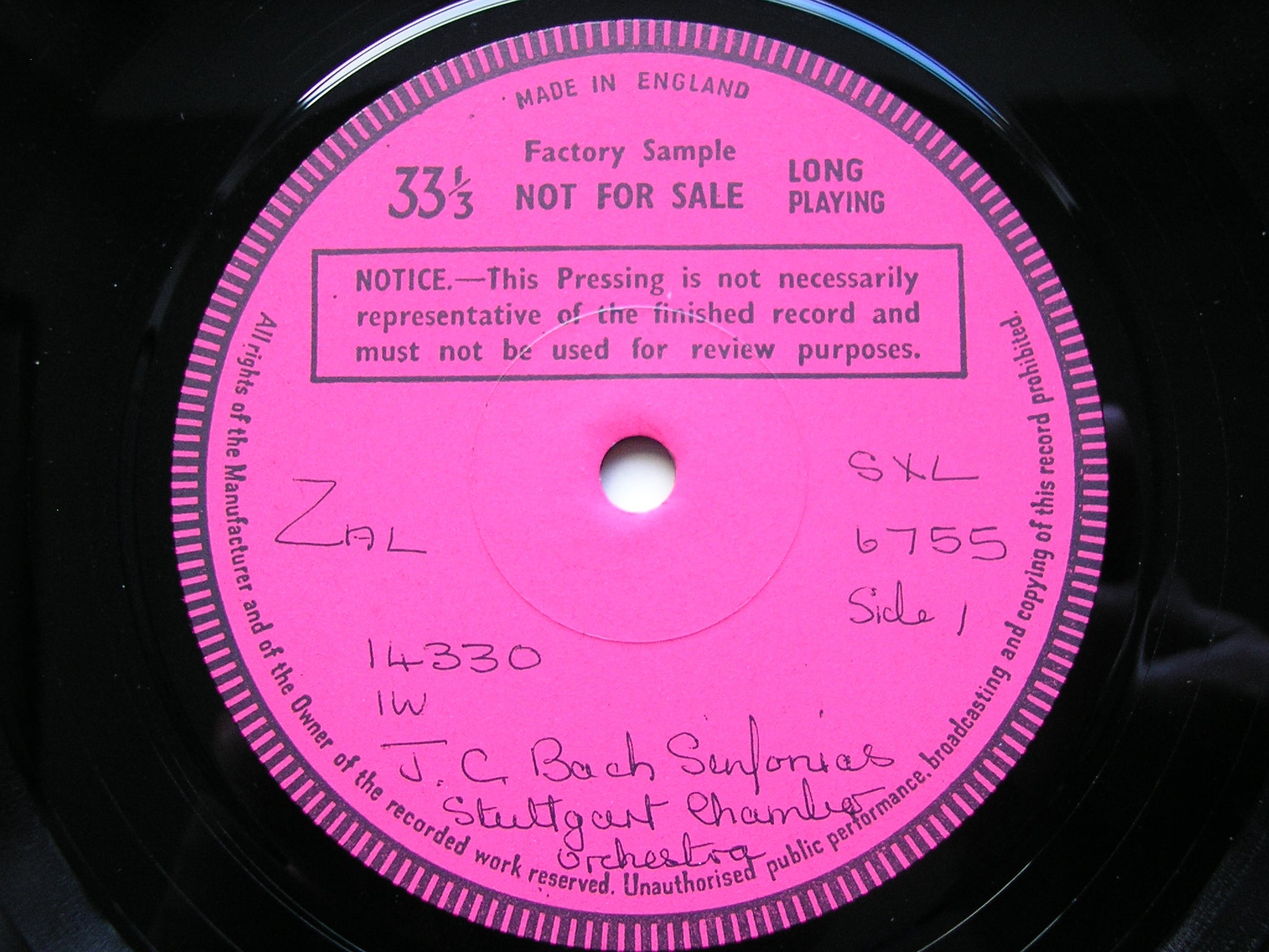 SXL 6755 BACH JC: SINFONIAS Op. 18 Nos. 2 / 4 / 6 / TELEMANN: DON QUICHOTTE Suite MUNCHINGER / STUTTGART CHAMBER ORCHESTRA test pressing