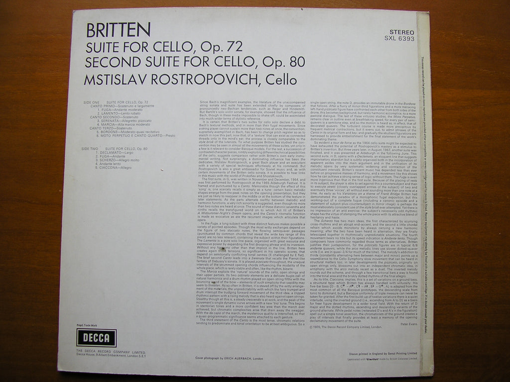 BRITTEN: THE  SUITES FOR CELLO     MSTISLAV ROSTROPOVICH     SXL 6393
