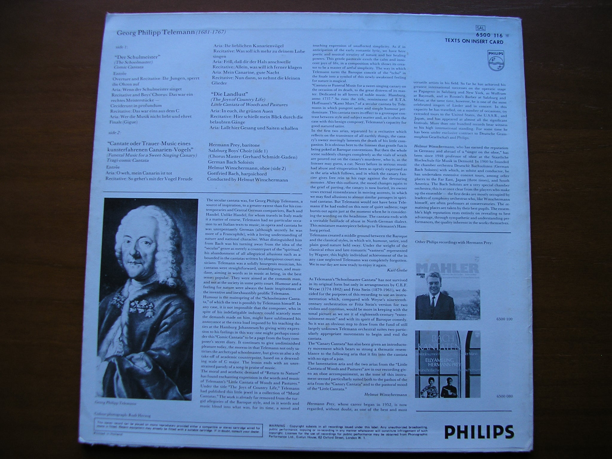 TELEMANN: THREE CANTATAS     PREY / GERMAN BACH SOLOISTS / WINSCHERMANN     6500 116