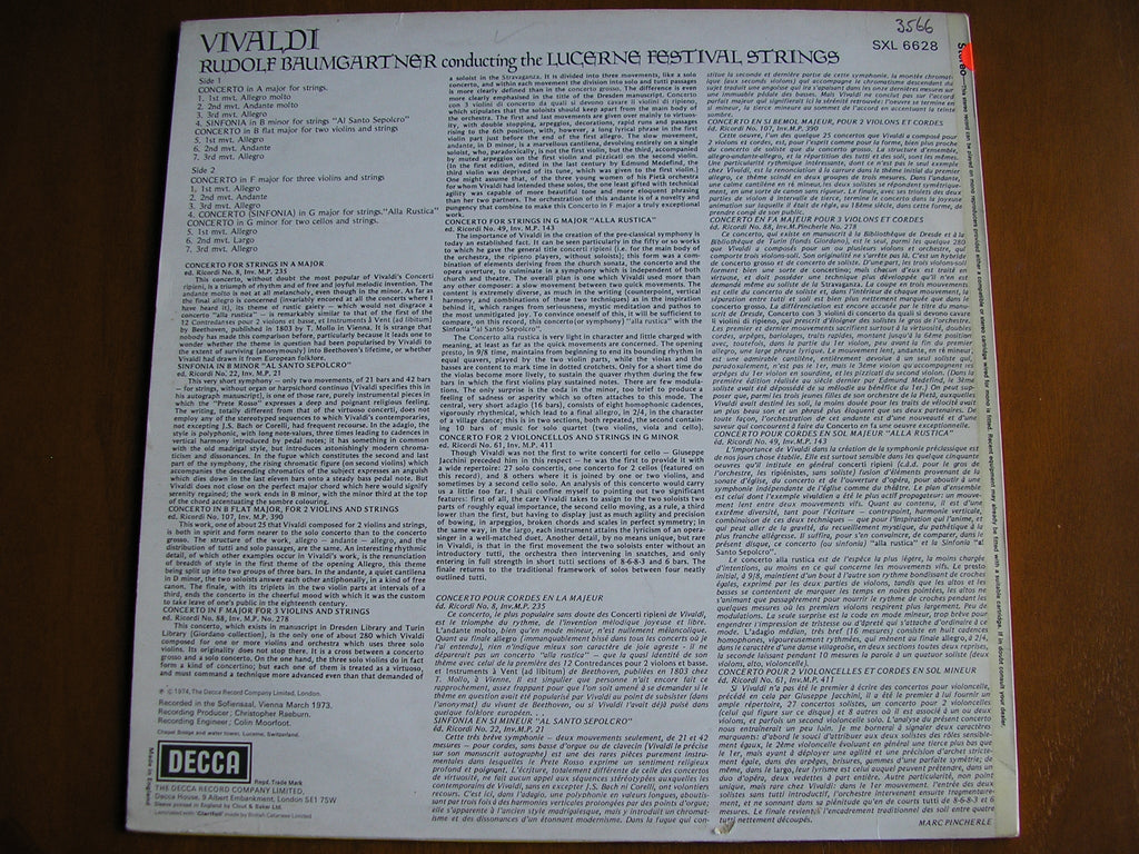 SXL 6628 VIVALDI: TWO SINFONIAS / FOUR CONCERTOS FOR STRINGS BAUMGARTNER / LUCERNE FESTIVAL STRINGS test pressing