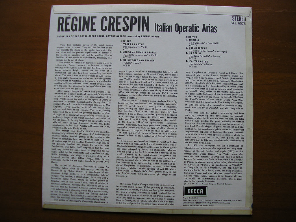 SXL 6075  ITALIAN ARIAS: VERDI / PONCHIELLI / BOITO / MASCAGNI / PUCCINI     CRESPIN / OROHCG / DOWNES     ED1