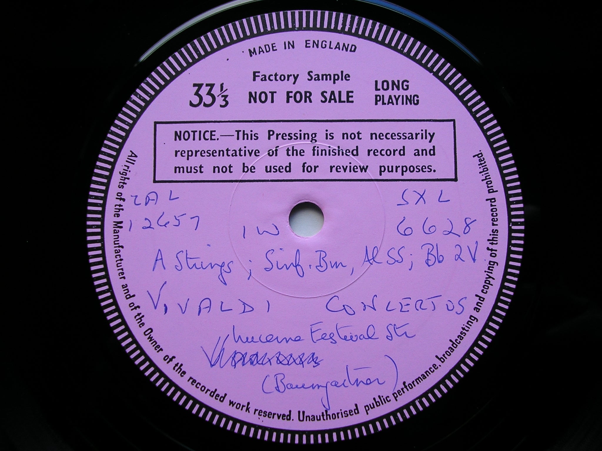 SXL 6628 VIVALDI: TWO SINFONIAS / FOUR CONCERTOS FOR STRINGS BAUMGARTNER / LUCERNE FESTIVAL STRINGS test pressing