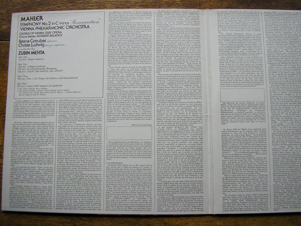 SXL 6744-5 MAHLER: SYMPHONY No. 2 'Resurrection' SOLOISTS / VPO / ZUBIN MEHTA