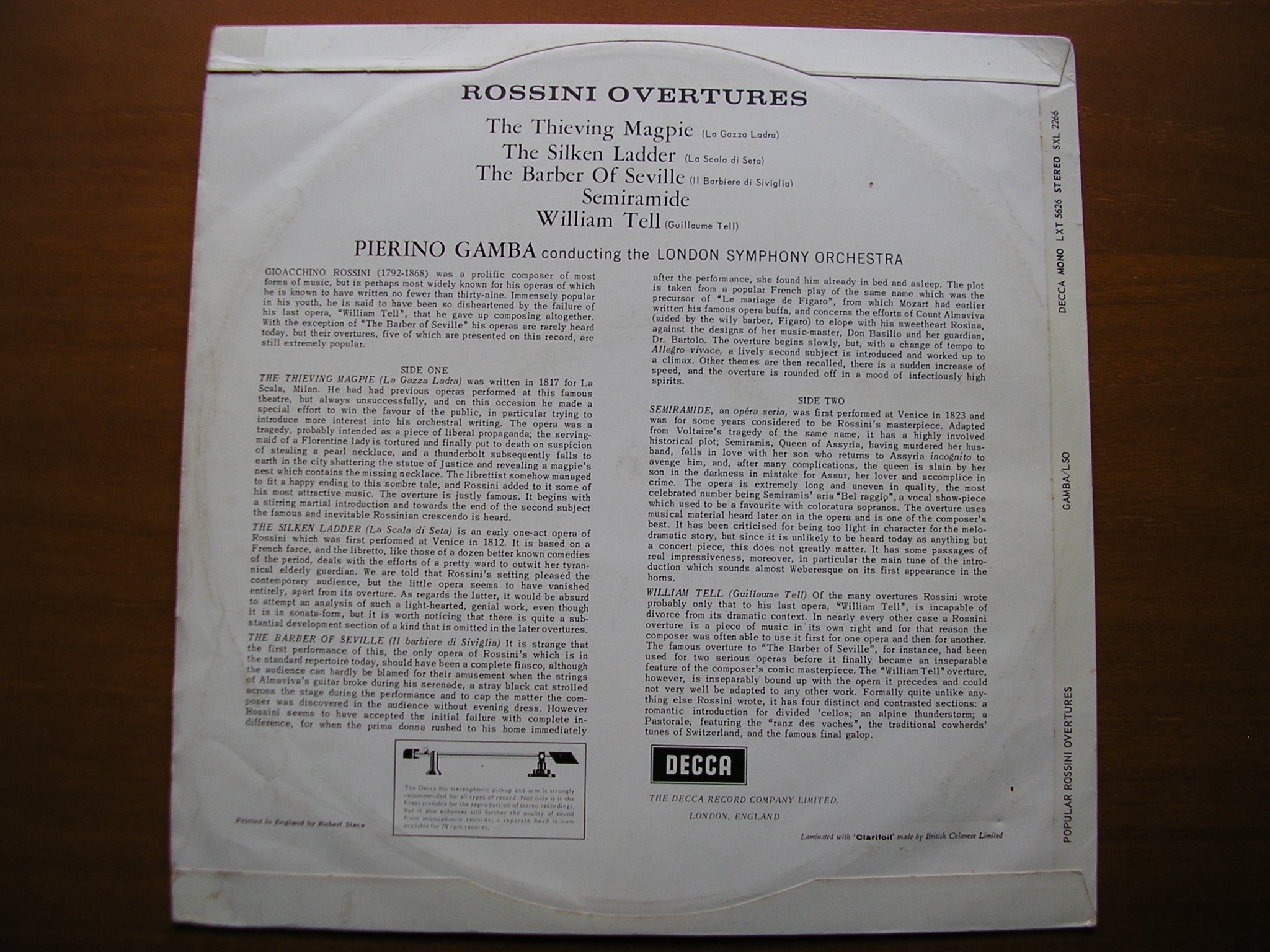 SXL 2266  ROSSINI: FIVE OVERTURES     GAMBA / LONDON SYMPHONY     ED1