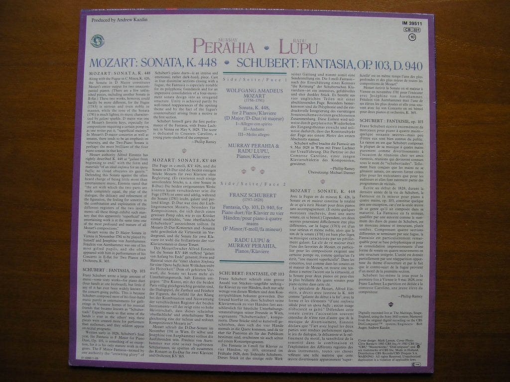 MOZART: SONATA in D for TWO PIANOS / SCHUBERT: FANTASIA in F for PIANO DUET     PERAHIA / LUPU     IM 39511