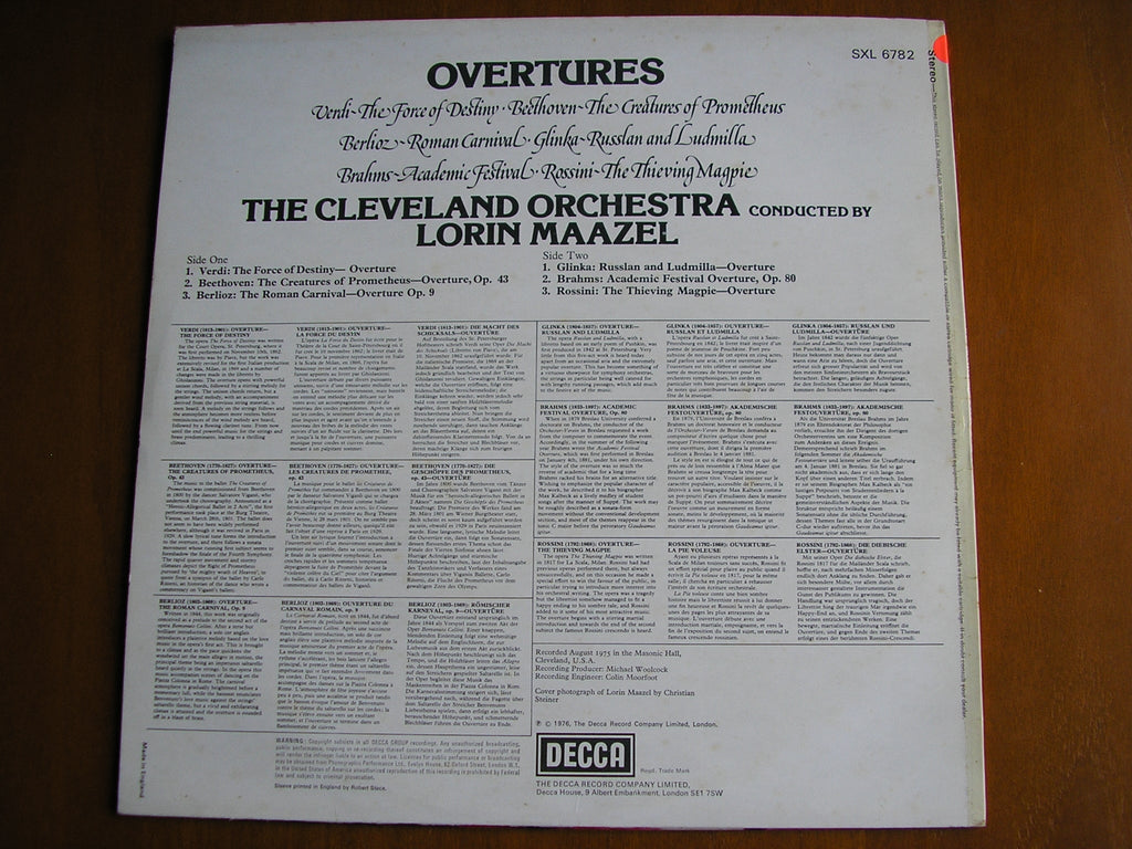SXL 6782 OVERTURES: VERDI / BEETHOVEN / BERLIOZ / GLINKA / BRAHMS / ROSSINI MAAZEL / CLEVELAND ORCHESTRA test pressing