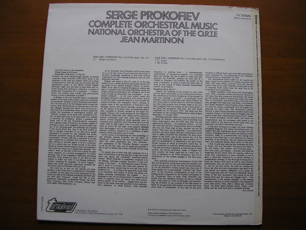 PROKOFIEV: SYMPHONY No. 6       MARTINON / FRENCH NATIONAL RADIO ORCHESTRA    TV 37054 S