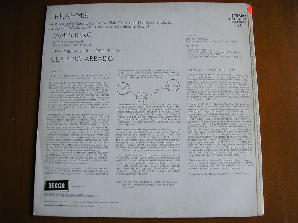 SXL 6386 BRAHMS: RINALDO cantata / SCHICKSALSLIED KING / NEW PHILHARMONIA / ABBADO test pressing