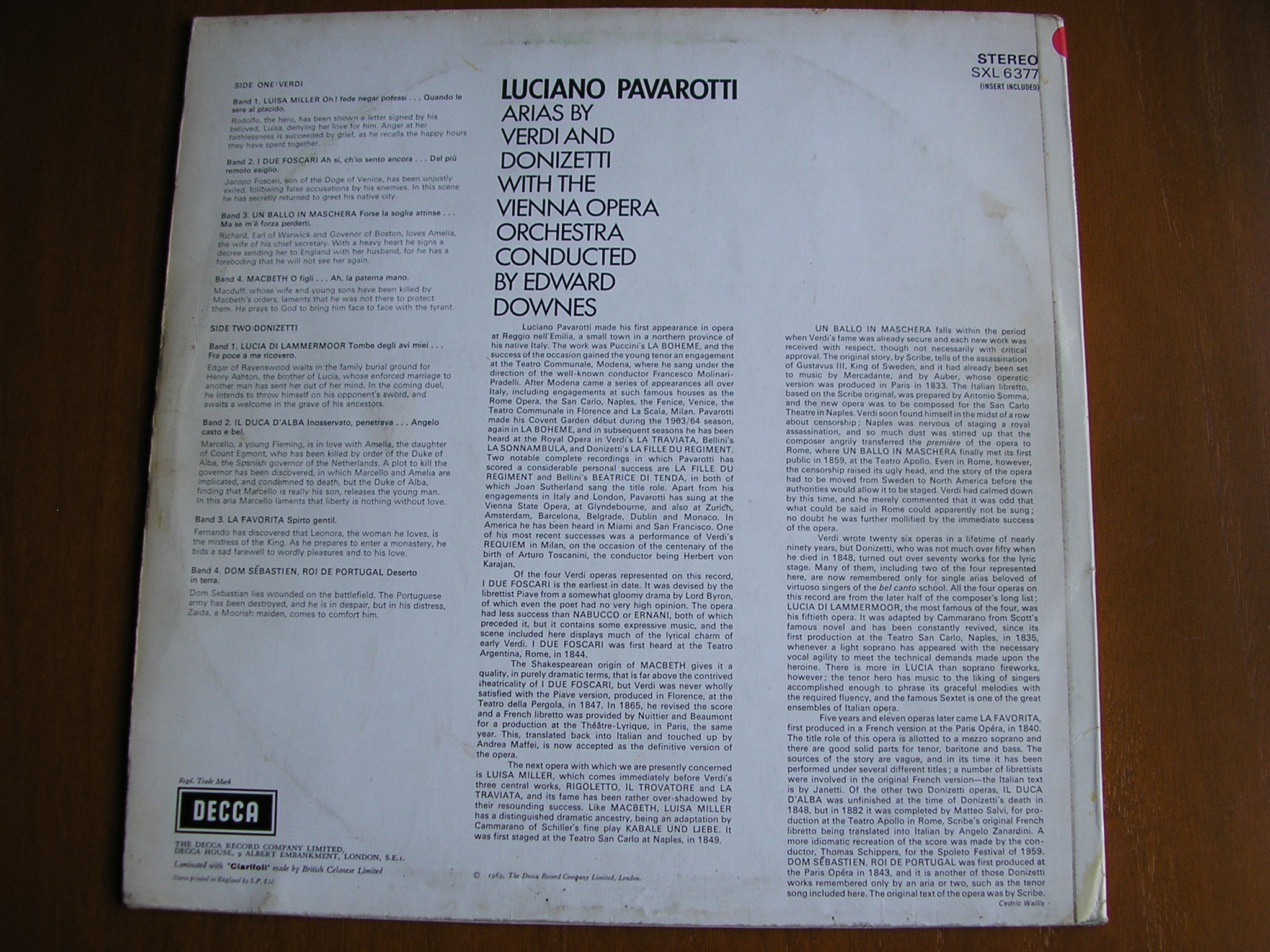 SXL 6377 PAVAROTTI SINGS ARIAS BY VERDI & DONIZETTI PAVAROTTI / VIENNA OPERA ORCHESTRA / DOWNES test pressing