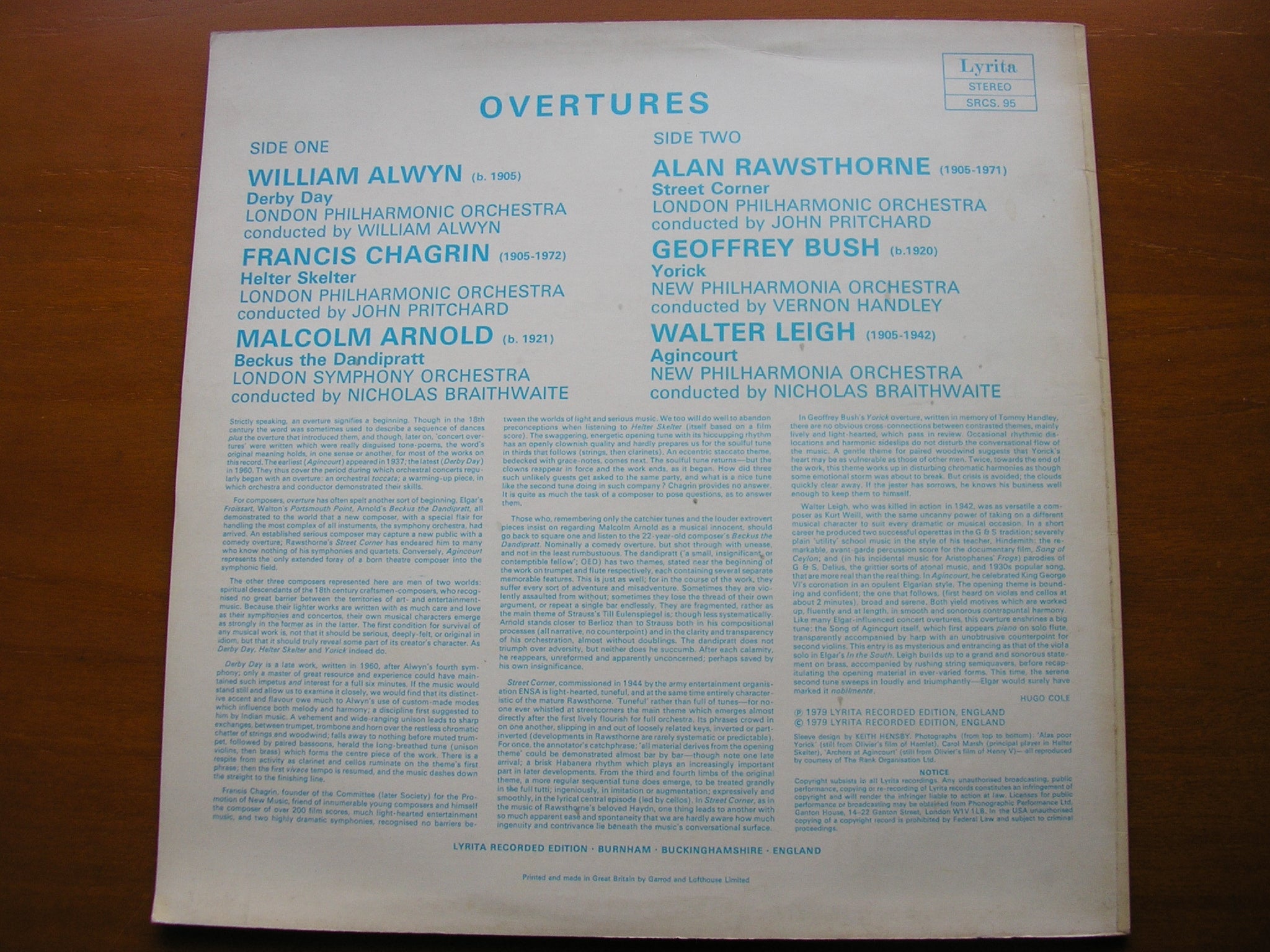 20th CENTURY BRITISH OVERTURES: ALWYN / CHAGRIN / ARNOLD / BUSH / LEIGH / RAWSTHORNE      LSO / LPO / NPO         SRCS 95