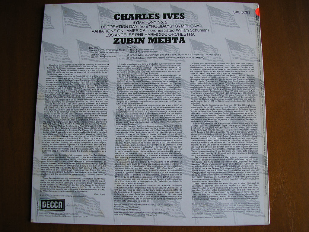 SXL 6753 IVES: SYMPHONY No. 2 / VARIATIONS / DECORATION DAY MEHTA / LOS ANGELES PHILHARMONIC test pressing
