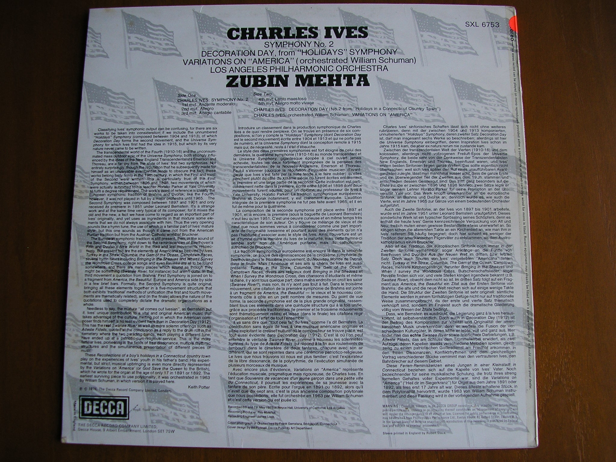 SXL 6753 IVES: SYMPHONY No. 2 / VARIATIONS / DECORATION DAY MEHTA / LOS ANGELES PHILHARMONIC test pressing