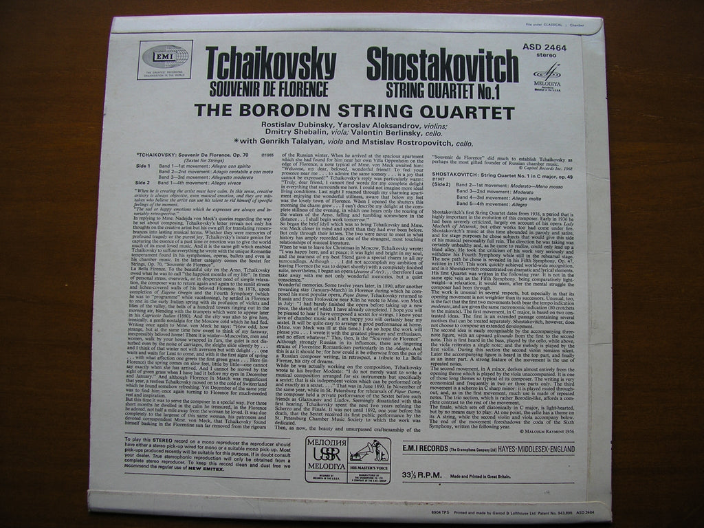 TCHAIKOVSKY: SOUVENIR DE FLORENCE / SHOSTAKOVICH: STRING QUARTET No. 1     ROSTROPOVICH / BORODIN STRING QUARTET    ASD 2464