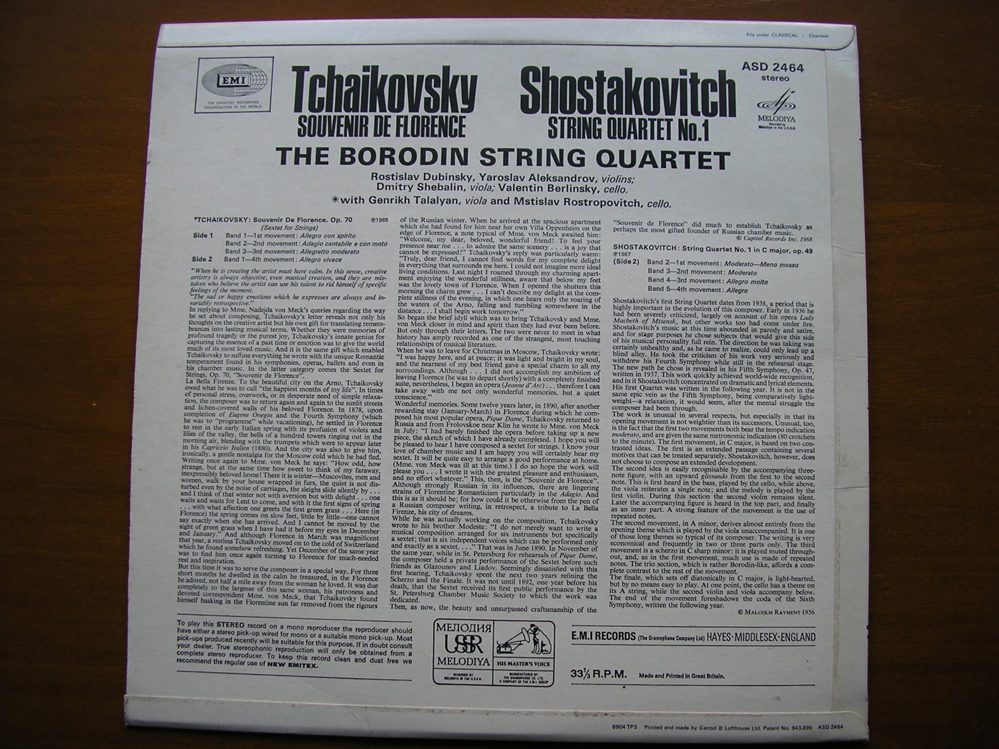 TCHAIKOVSKY: SOUVENIR DE FLORENCE / SHOSTAKOVICH: STRING QUARTET No. 1     ROSTROPOVICH / BORODIN STRING QUARTET    ASD 2464