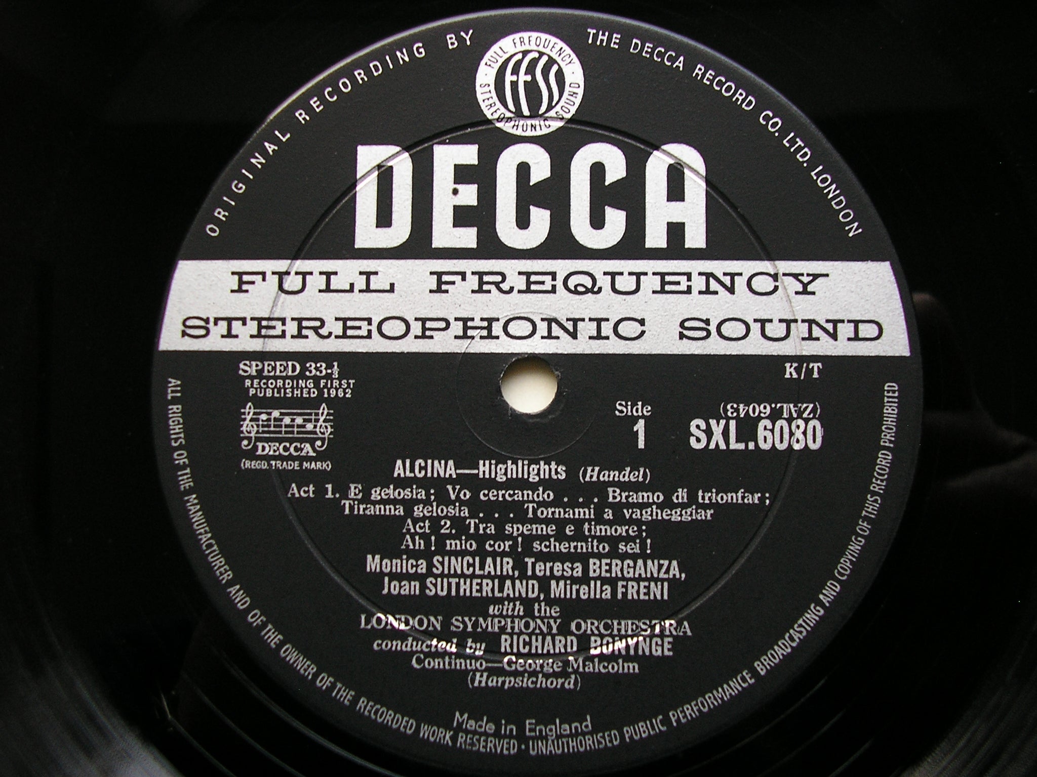 SXL 6080  HANDEL: ALCINA  excerpts    SUTHERLAND / BERGANZA / FRENI / ALVA / LONDON SYMPHONY / BONYNGE     ED1