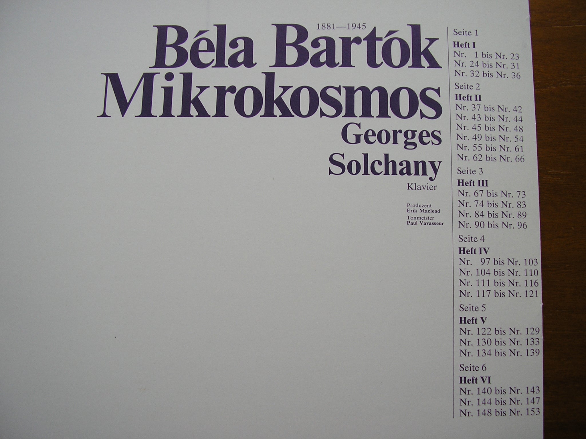 BARTOK: MIKROSMOS    153 PIANO PIECES in 6 VOLUMES (1926 - 1939)      GEORGES SOLCHANY    3LP      181 14 001-3