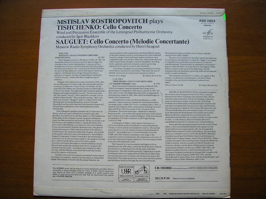 TISHCHENKO: CELLO CONCERTO / SAUGUET: CELLO CONCERTO      ROSTROPOVICH / LENINGRAD PO / MOSCOW RADIO SO / BLAZHKOV     ASD 2803