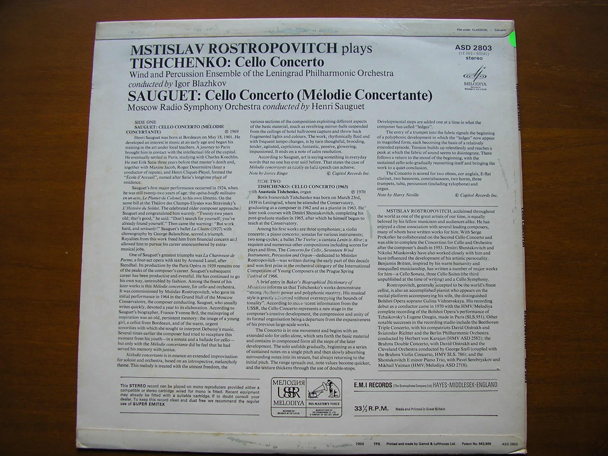 TISHCHENKO: CELLO CONCERTO / SAUGUET: CELLO CONCERTO      ROSTROPOVICH / LENINGRAD PO / MOSCOW RADIO SO / BLAZHKOV     ASD 2803
