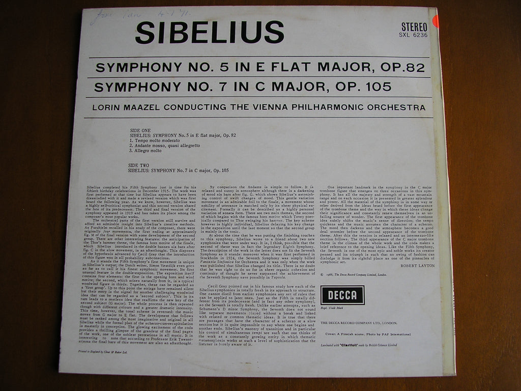 SXL 6236 SIBELIUS: SYMPHONIES Nos. 5 & 7 MAAZEL / VIENNA PHILHARMONIC test pressing