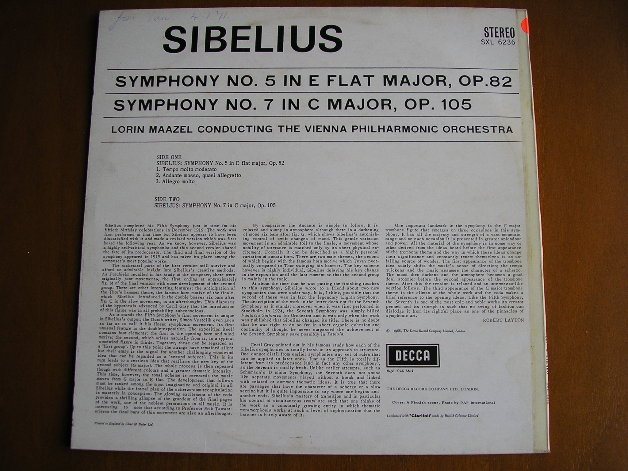SXL 6236 SIBELIUS: SYMPHONIES Nos. 5 & 7 MAAZEL / VIENNA PHILHARMONIC test pressing