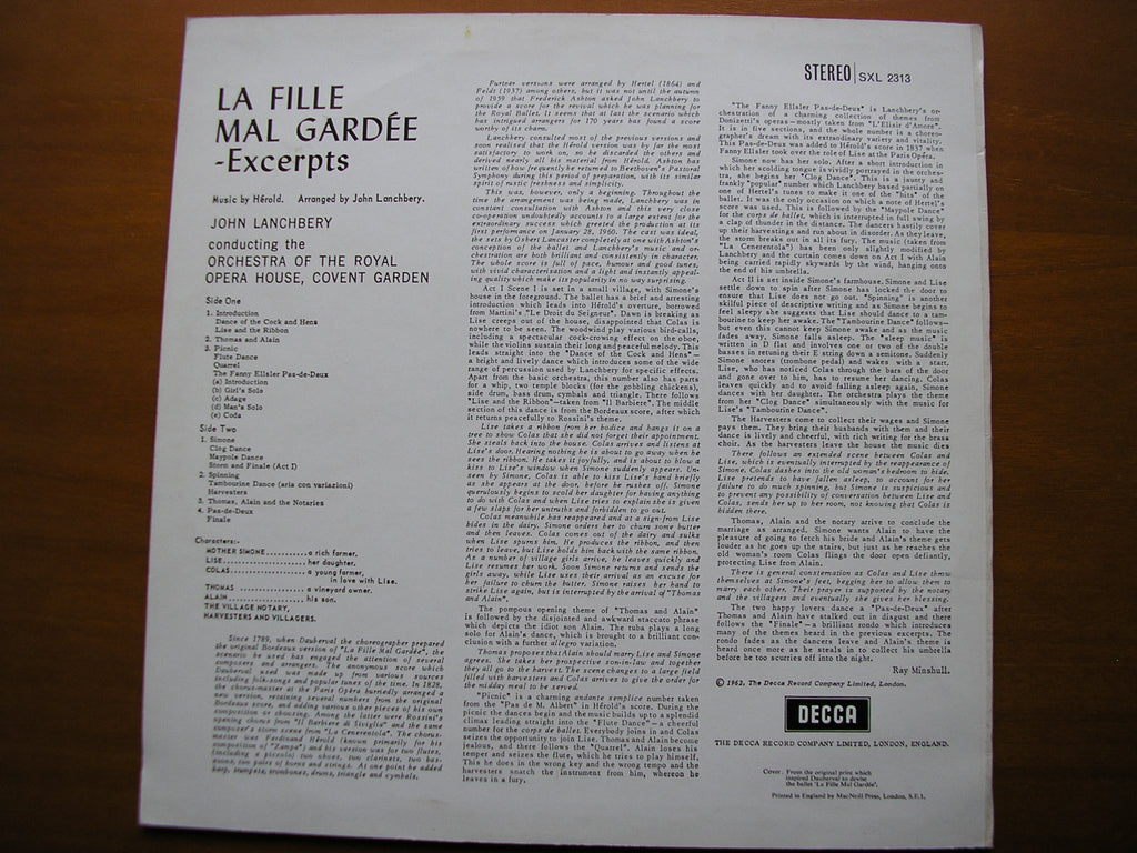 HEROLD: LA FILLE MAL GARDEE    LANCHBERY / ORCHESTRA OF THE ROYAL OPERA HOUSE COVENT GARDEN      ED4       SXL 2313