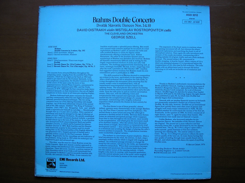 BRAHMS: DOUBLE CONCERTO    ROSTROPOVICH / OISTRAKH / CELEVLAND ORCHESTRA / SZELL    ASD 3312