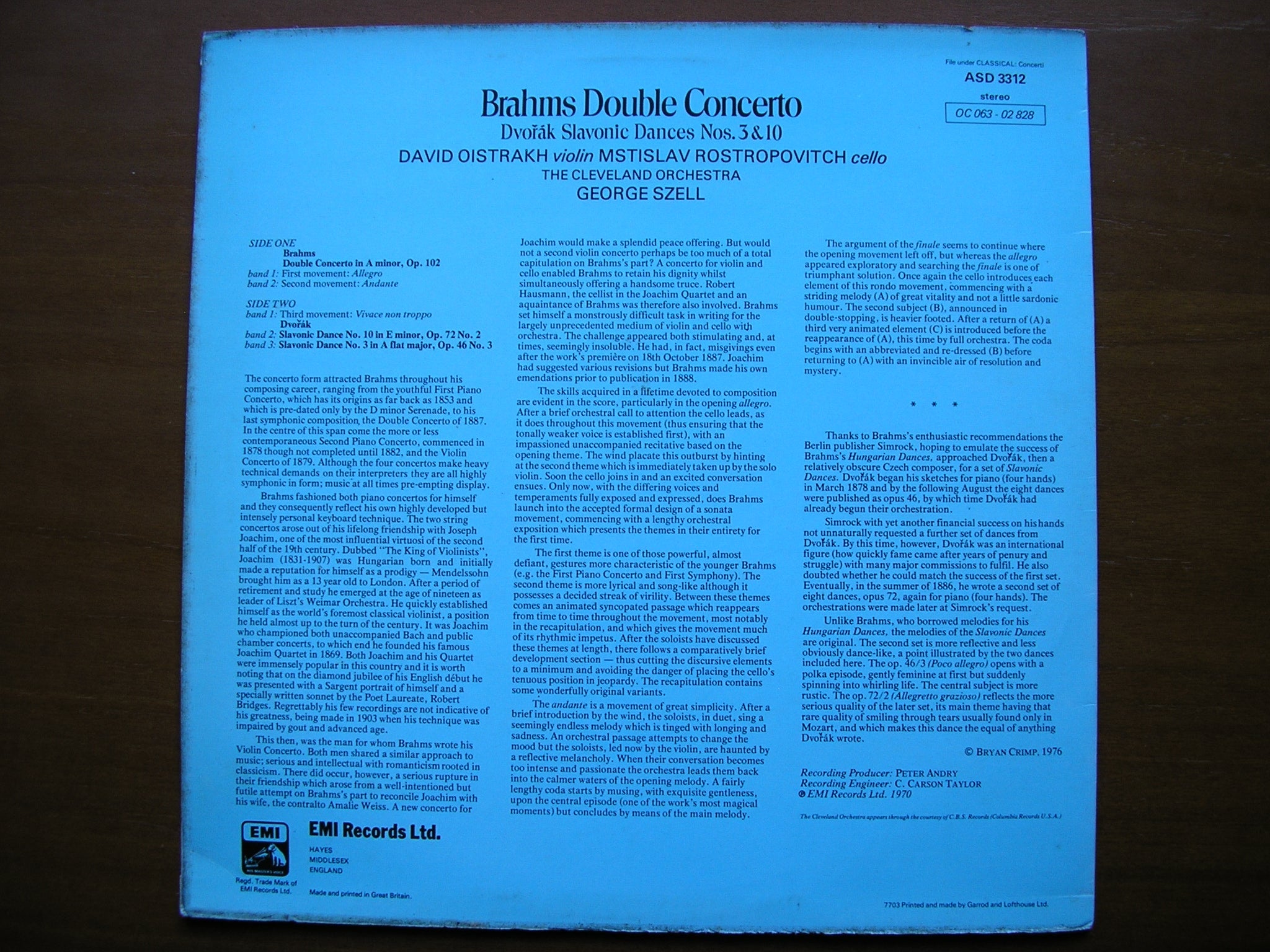 BRAHMS: DOUBLE CONCERTO    ROSTROPOVICH / OISTRAKH / CELEVLAND ORCHESTRA / SZELL    ASD 3312