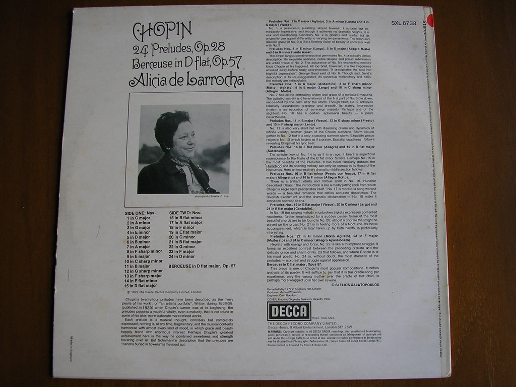 SXL 6733 CHOPIN: 24 PRELUDES Op. 28 / BERCEUSE Op. 57 ALICIA DE LARROCHA test pressing
