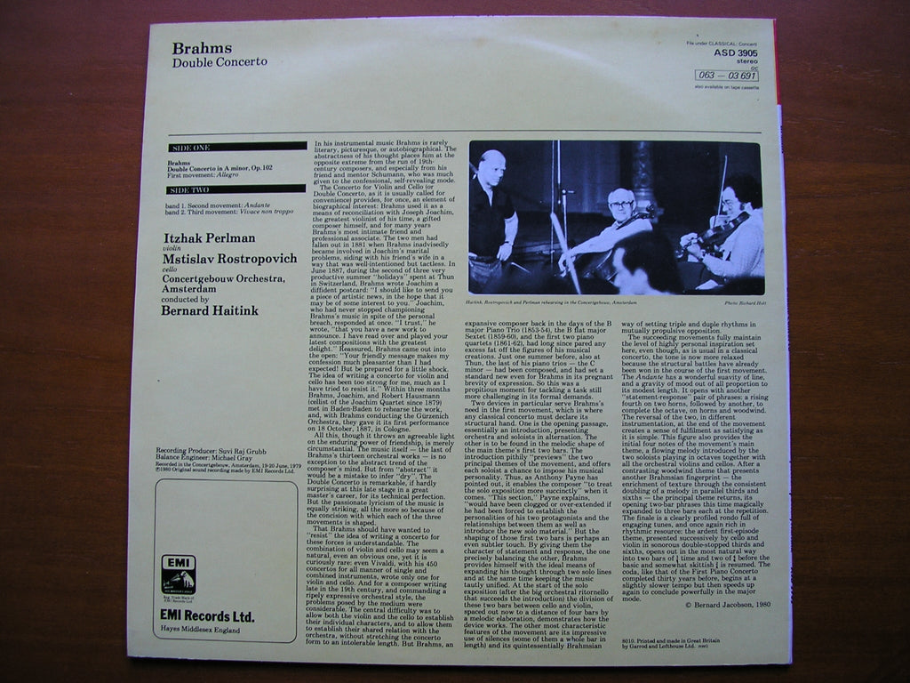 BRAHMS: DOUBLE CONCERTO     ROSTROPOVICH / PERLMAN / CONCERTGEBOUW / HAITINK     ASD 3905