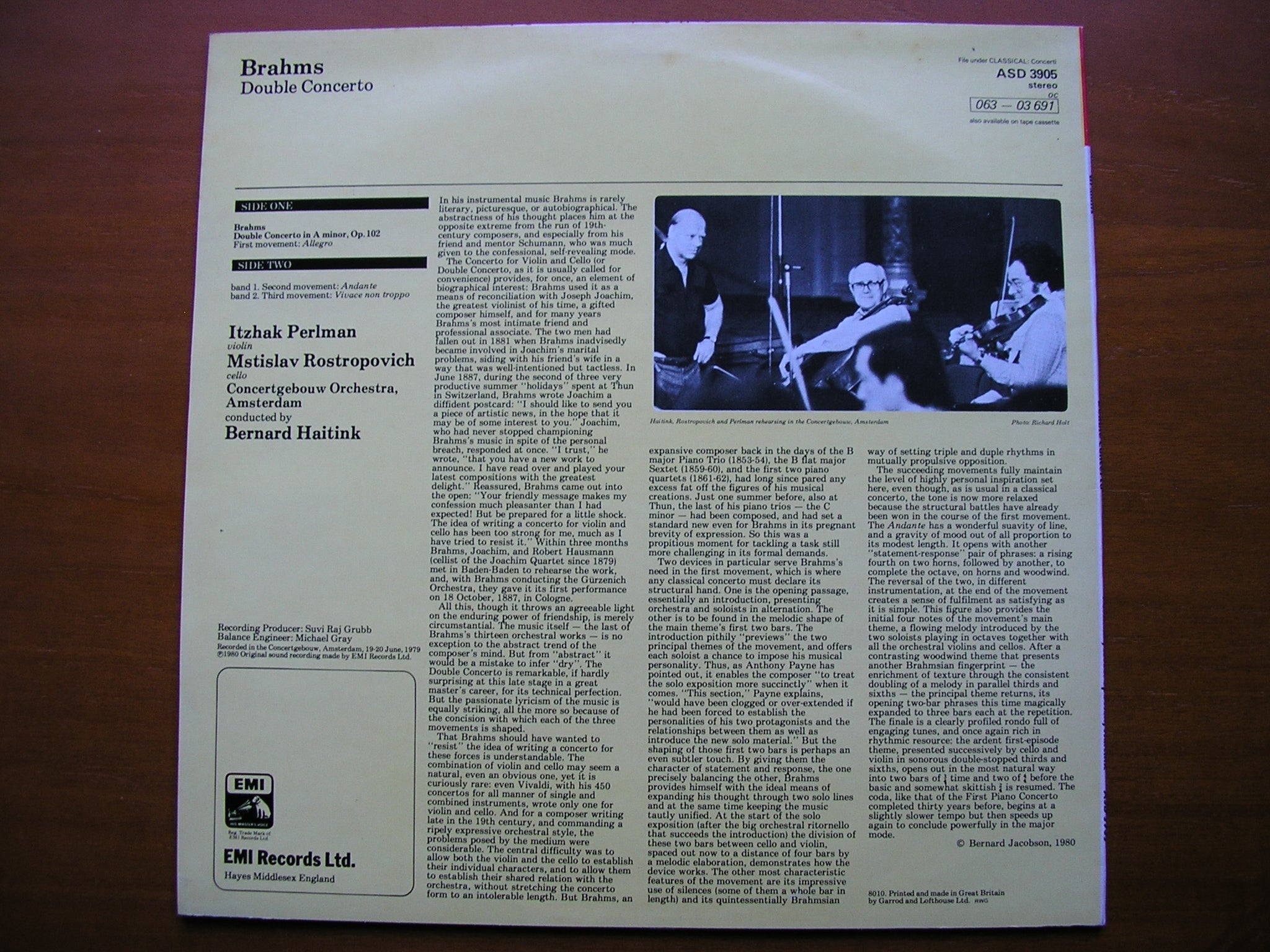 BRAHMS: DOUBLE CONCERTO     ROSTROPOVICH / PERLMAN / CONCERTGEBOUW / HAITINK     ASD 3905