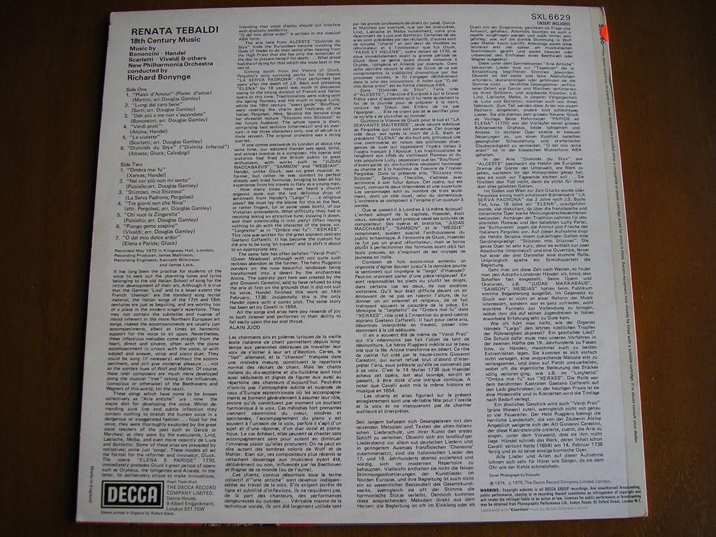 SXL 6629 RENATA TEBALDI SINGS ARIAS & SONGS OF THE 18th CENTURY TEBALDI / NEW PHILHARMONIA / BONYNGE test pressing