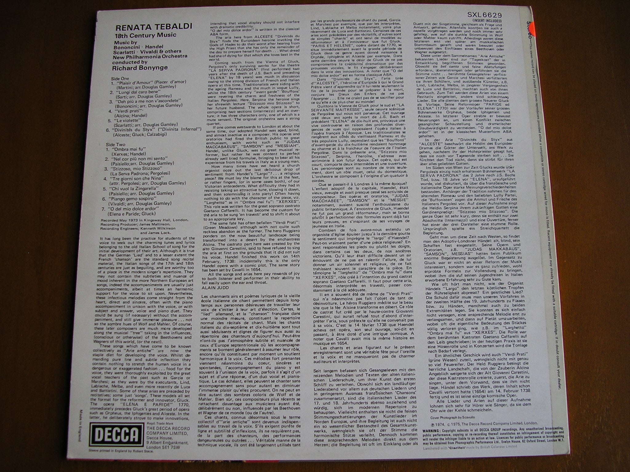 SXL 6629 RENATA TEBALDI SINGS ARIAS & SONGS OF THE 18th CENTURY TEBALDI / NEW PHILHARMONIA / BONYNGE test pressing