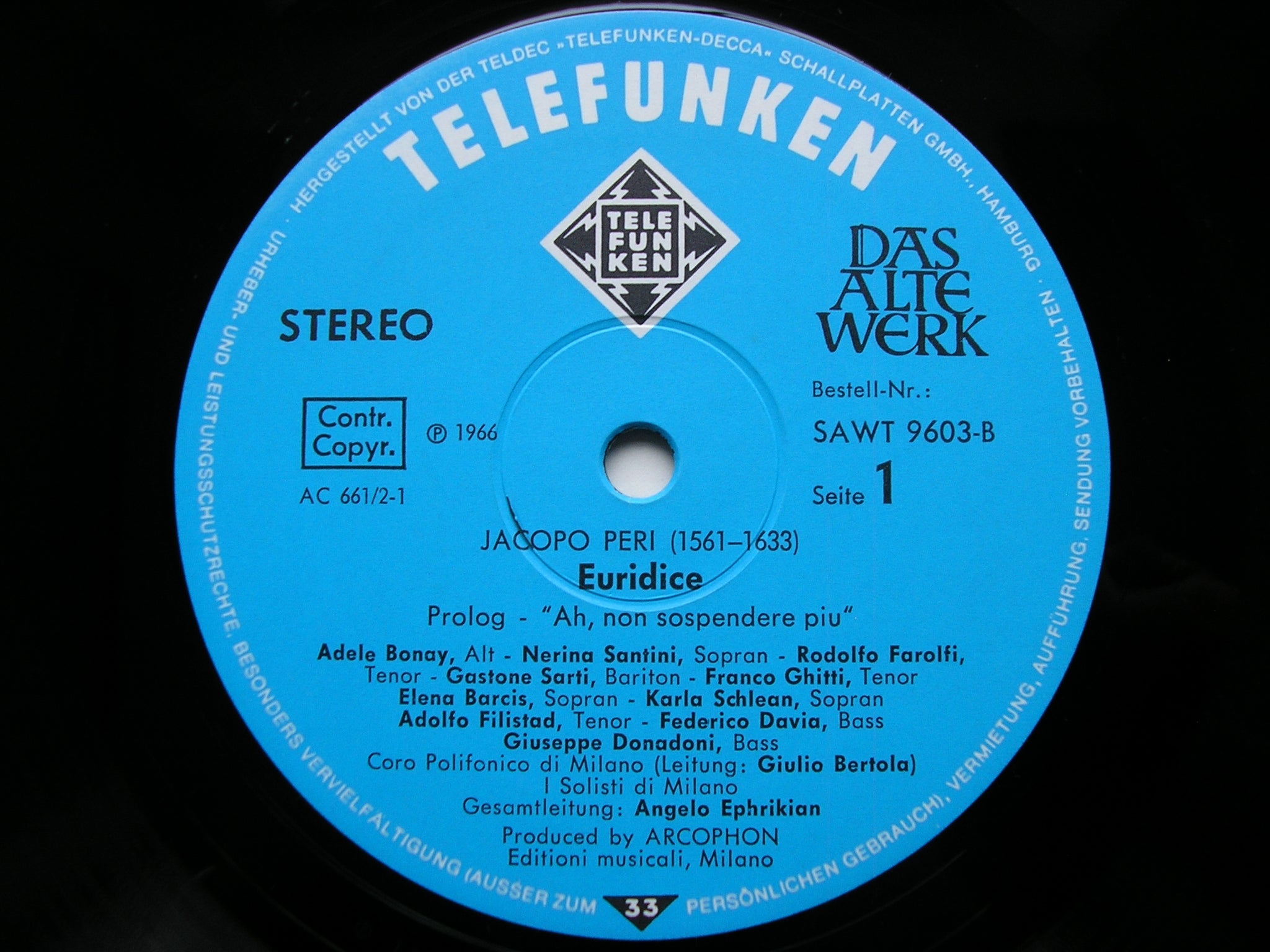 PERI: EURIDICE     SOLOISTS / CHORUS & SOLISTS OF MILAN / EPHRIKIAN     2LP     SAWT 9603 / 4