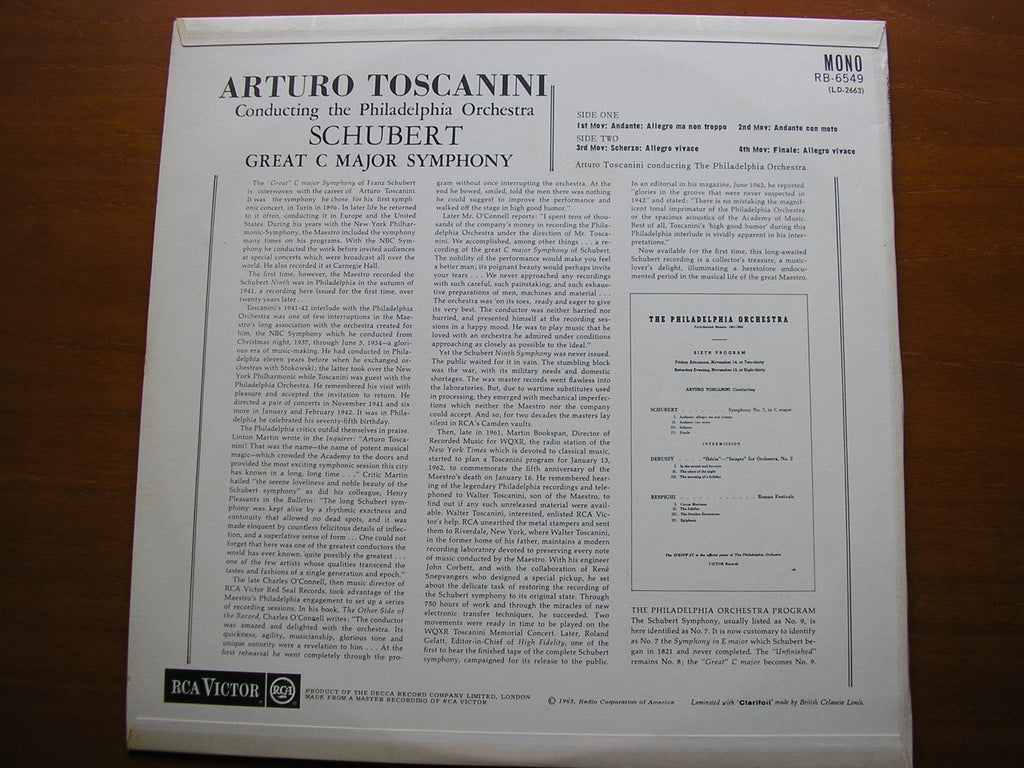 SCHUBERT: SYMPHONY No. 9 'The Great C Major'    TOSCANINI / PHILADELPHIA ORCHESTRA          RB 6549
