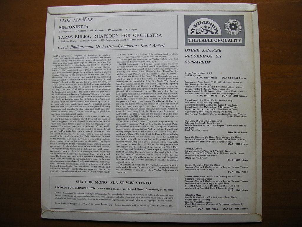 JANACEK: SINFONIETTA / TARAS BULBA    ANCERL / CZECH PHILHARMONIC    SUA ST 50380