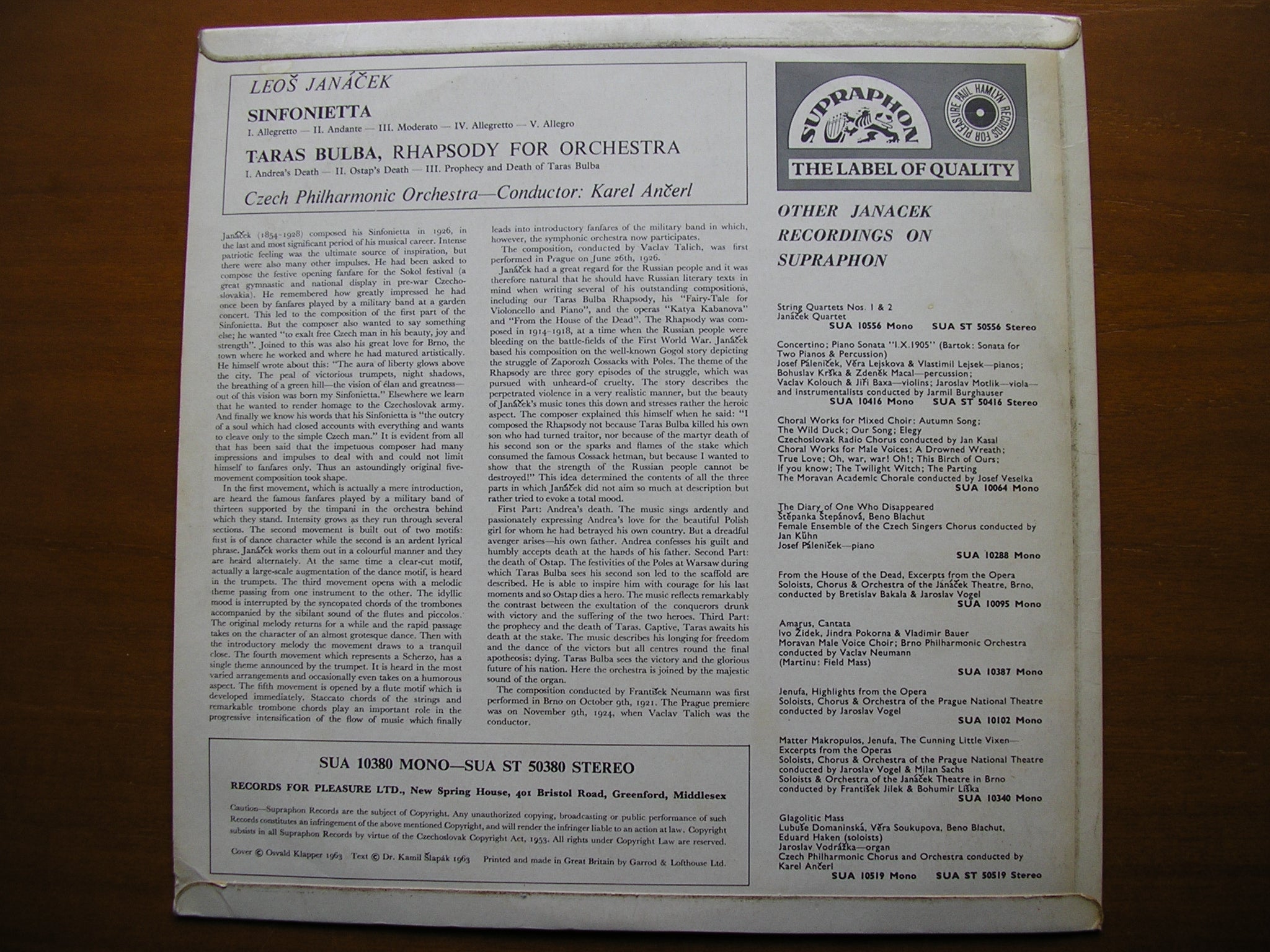 JANACEK: SINFONIETTA / TARAS BULBA    ANCERL / CZECH PHILHARMONIC    SUA ST 50380