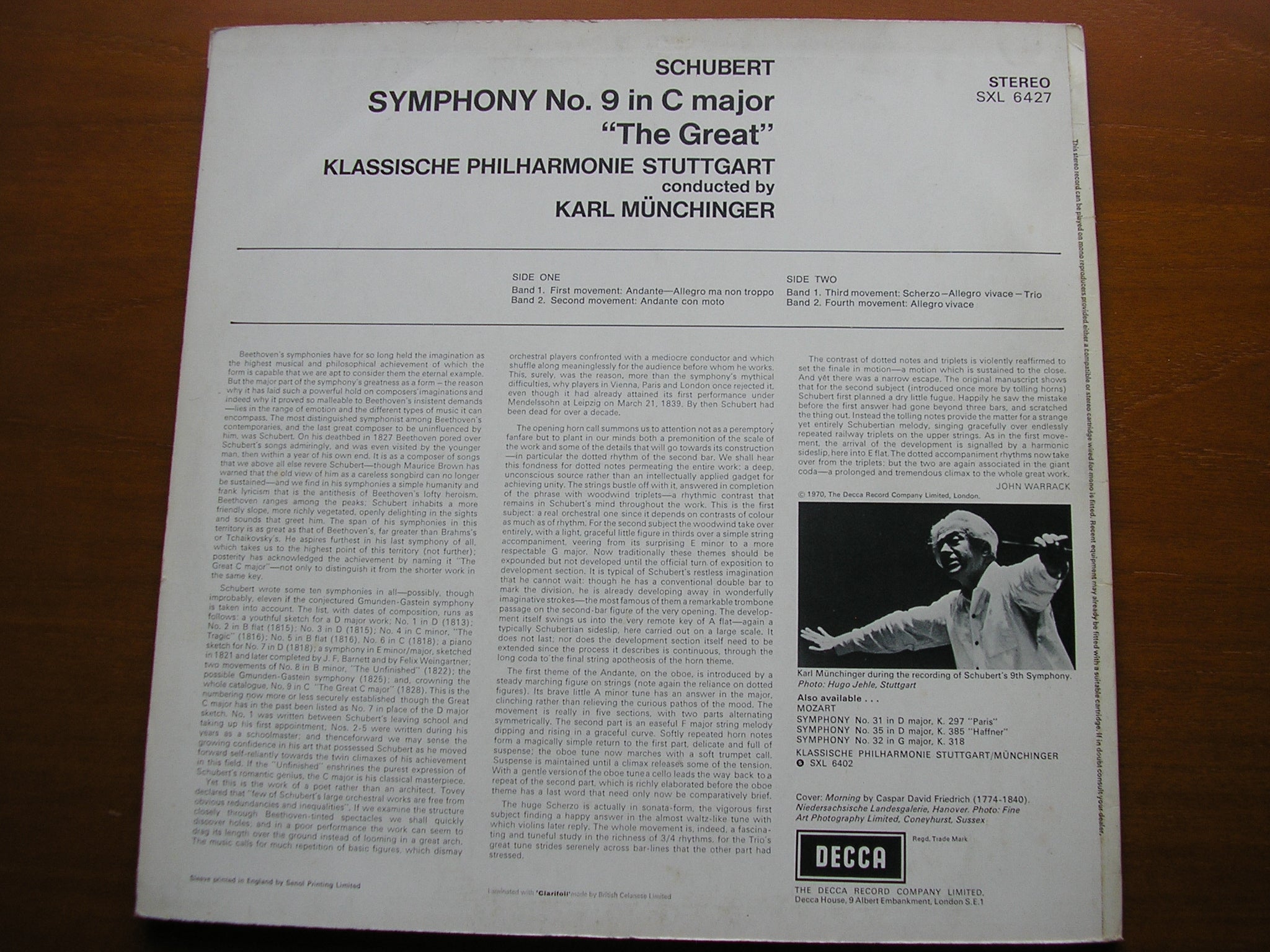 SXL 6427 SCHUBERT: SYMPHONY No. 9 'The Great C Major' MUNCHINGER / STUTTGART PHILHARMONIC