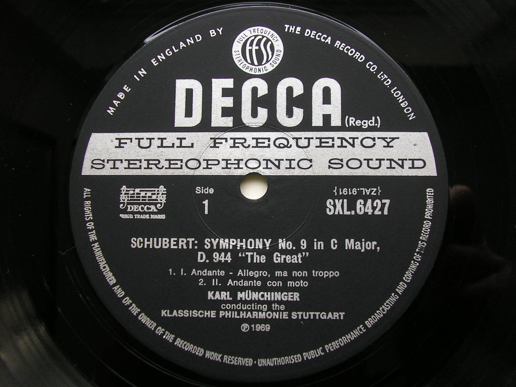 SXL 6427 SCHUBERT: SYMPHONY No. 9 'The Great C Major' MUNCHINGER / STUTTGART PHILHARMONIC