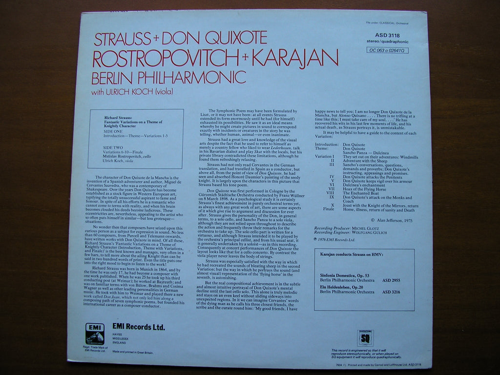 STRAUSS: DON QUIXOTE      ROSTROPOVICH / BERLIN PHILHARMONIC / KARAJAN      ASD 3118