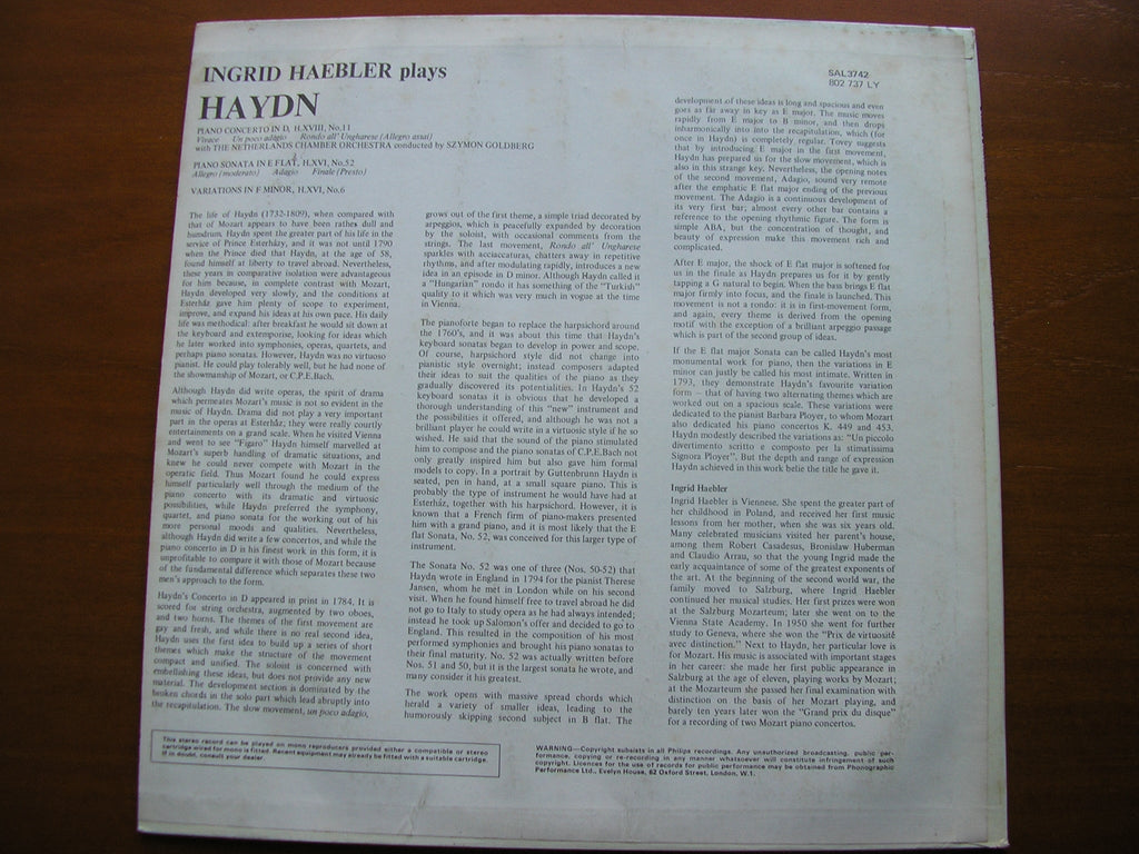 HAYDN: PIANO CONCERTO  No. 11 / PIANO SONATA  No. 52     HAEBLER / NETHERLANDS CHAMBER ORCHESTRA / GOLDBERG   SAL 3742