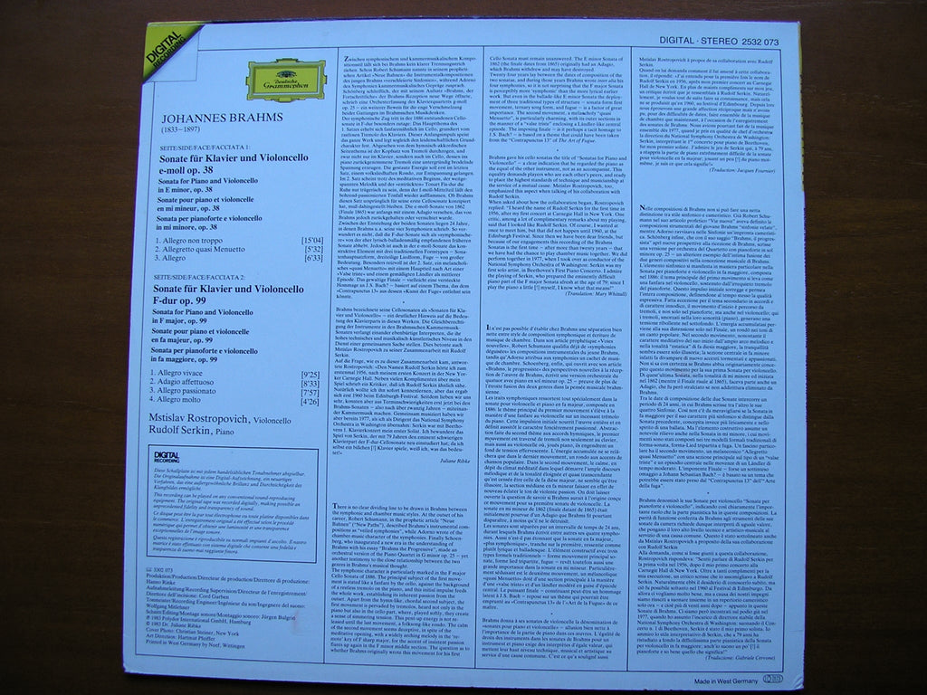 BRAHMS: THE CELLO SONATAS     ROSTROPOVICH / SERKIN      2532 073