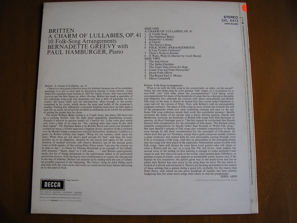 SXL 6413 BRITTEN: A CHARM OF LULLABIES / FOLK SONGS BERNADETTE GREEVY / PAUL HAMBURGER test pressing