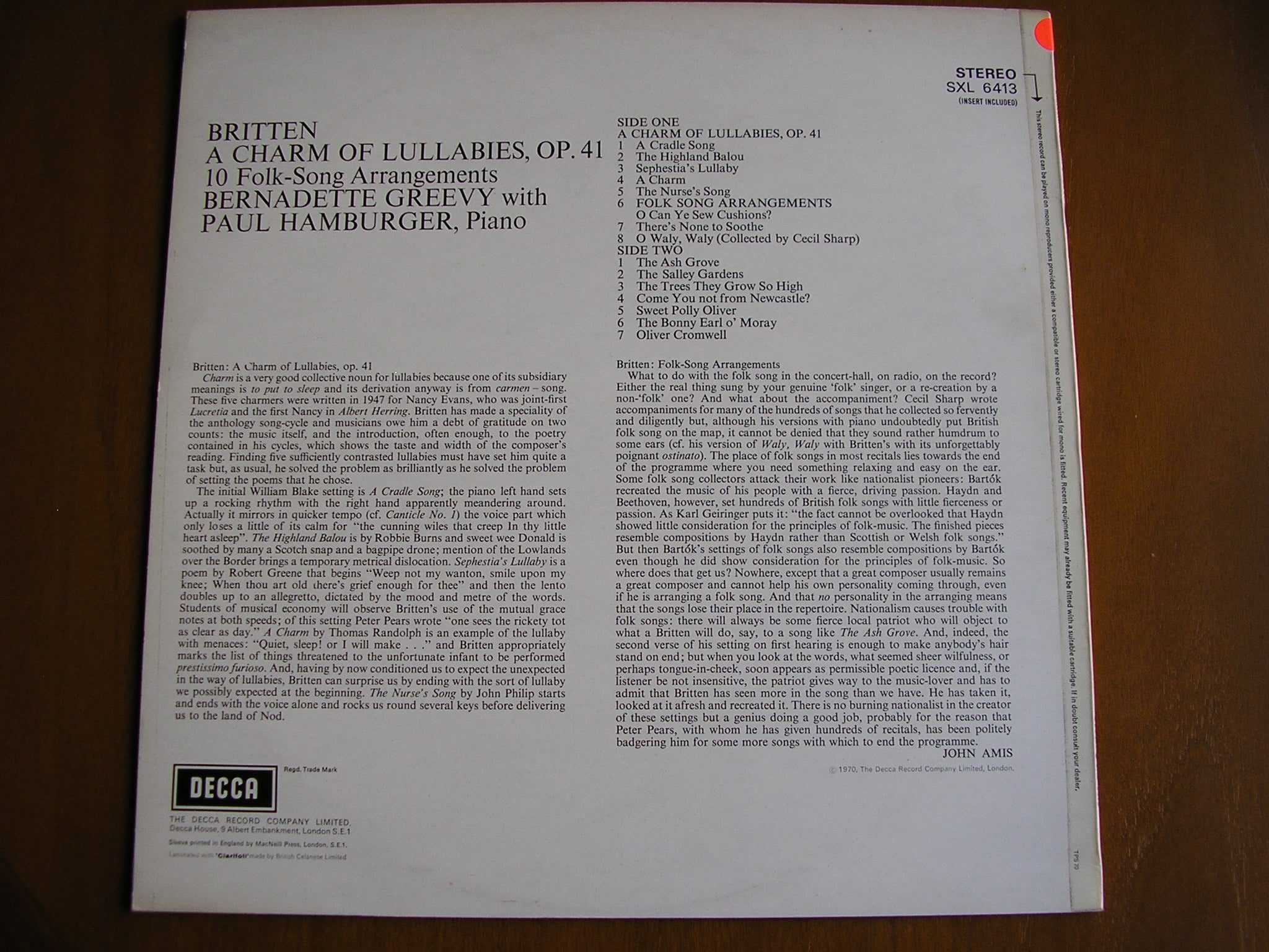 SXL 6413 BRITTEN: A CHARM OF LULLABIES / FOLK SONGS BERNADETTE GREEVY / PAUL HAMBURGER test pressing