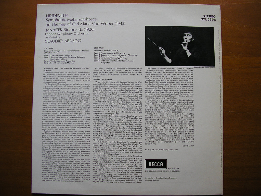JANACEK: SINFONIETTA / HINDEMITH: SYMPHONIC METAMORPHOSES     ABBADO / LONDON SYMPHONY     SXL 6398