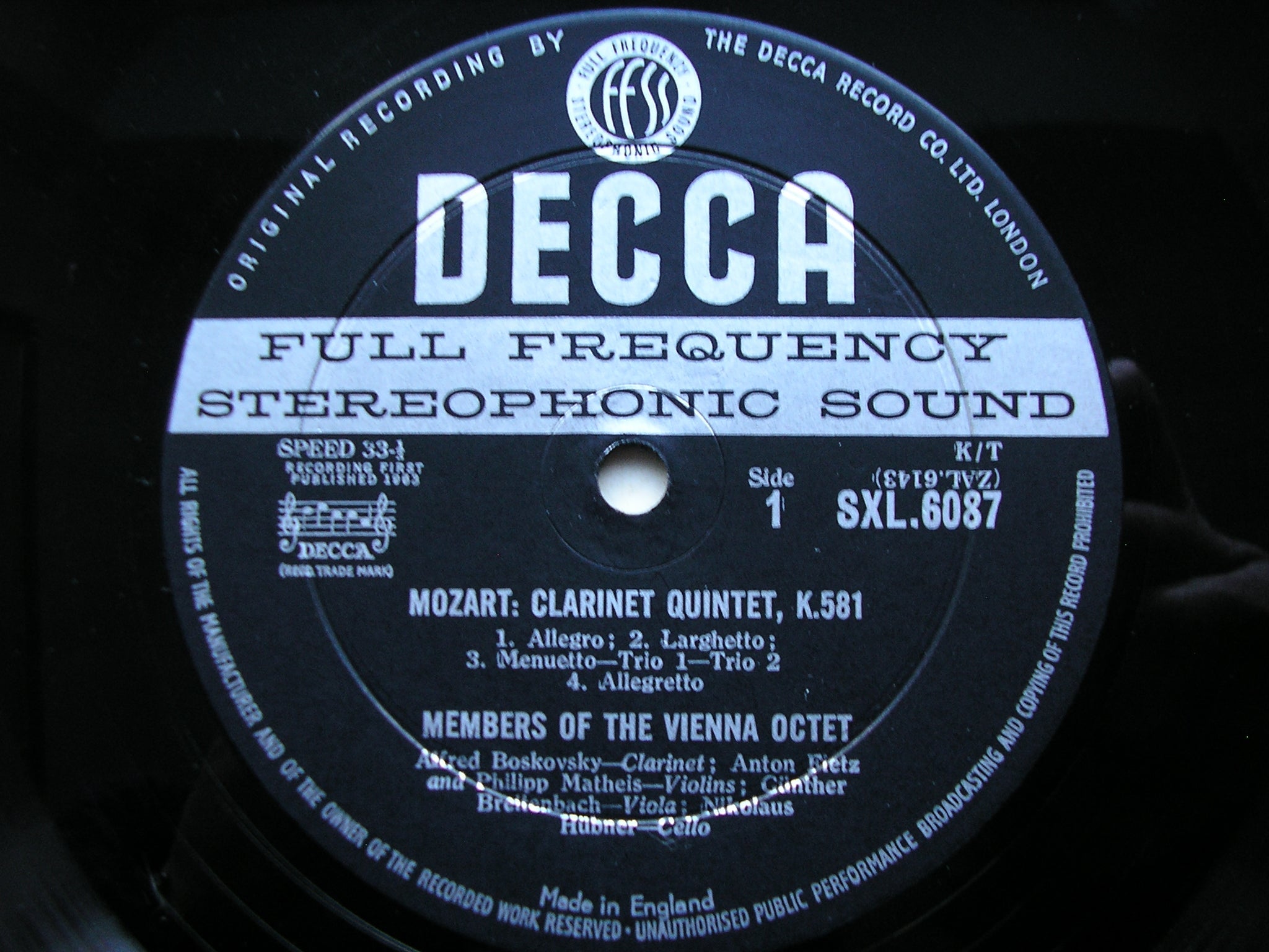 SXL 6087  MOZART: CLARINET QUINTET K581 / DIVERTIMENTO K247     BOSKOVSKY / VIENNA OCTET     ED1
