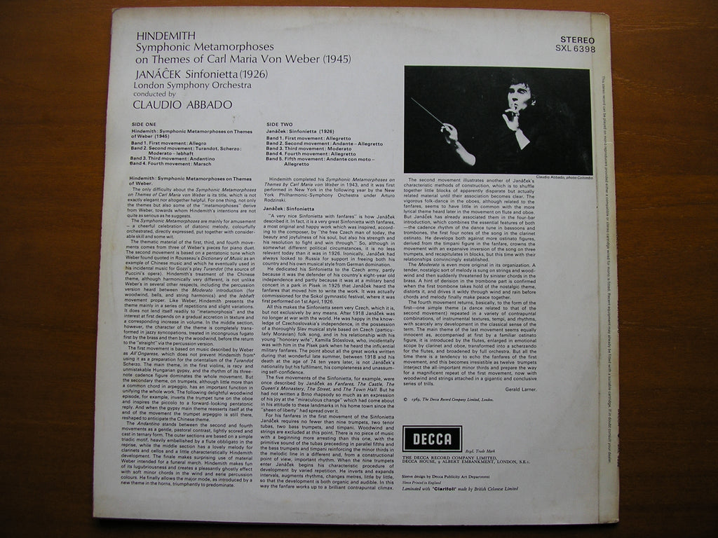 JANACEK: SINFONIETTA / HINDEMITH: SYMPHONIC METAMORPHOSES     ABBADO / LONDON SYMPHONY     SXL 6398