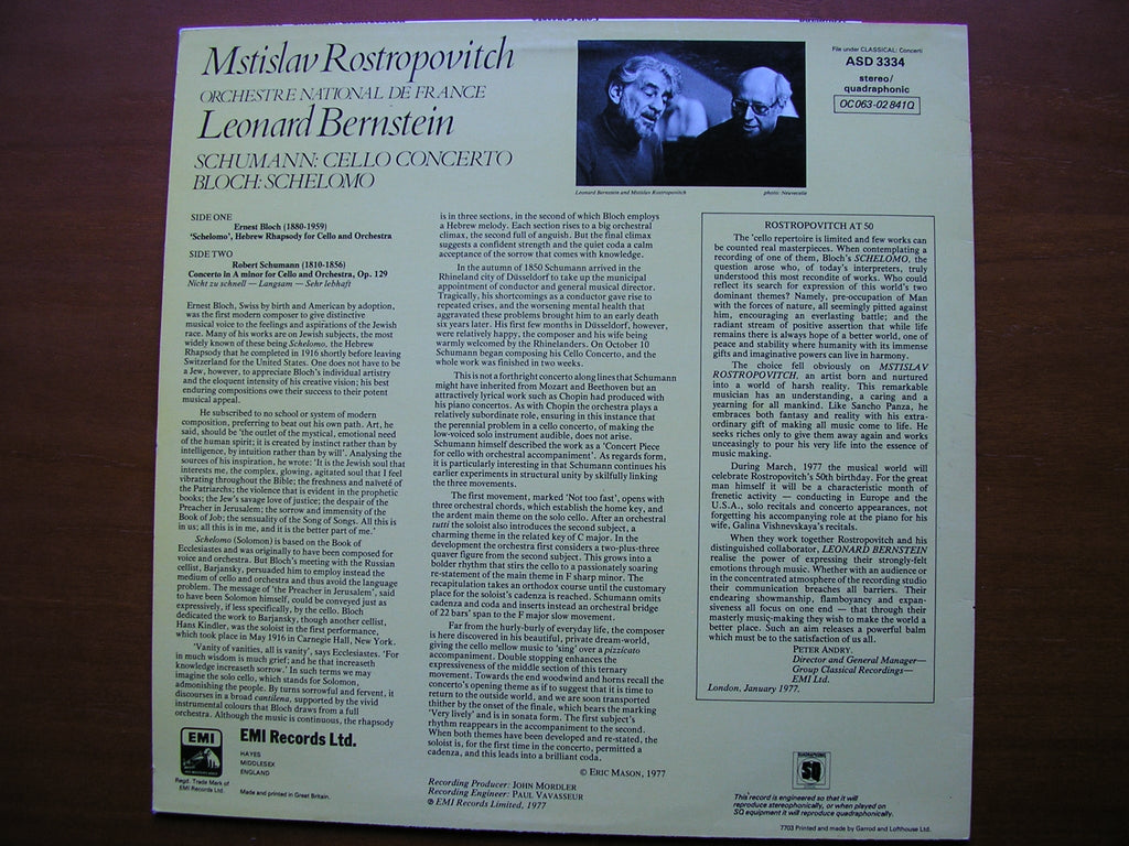 SCHUMANN: CELLO CONCERTO / BLOCH: SCHELOMO     ROSTROPOVICH / FRENCH NATIONAL ORCHESTRA / BERNSTEIN    ASD 3334