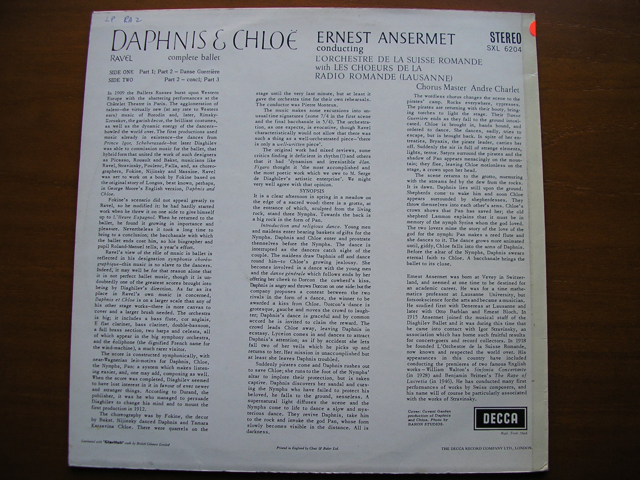 SXL 6204 RAVEL: DAPHNIS & CHLOE complete ballet ANSERMET / SUISSE ROMANDE test pressing